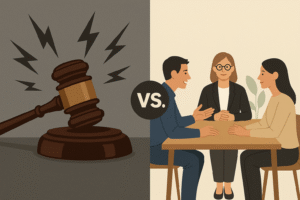 courtroom gavel on one side (Show conflict) vs. calm mediation table  (peace) with two people talking on the other.