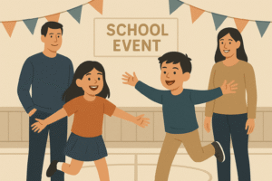 “Divorce ends a marriage. It doesn’t end parenting: Happy kids playing or at school event with both parents
