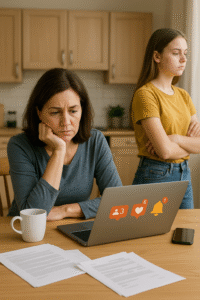 parent and teen back-to-back (conflict) vs. smiling together with a mediator (resolution)
