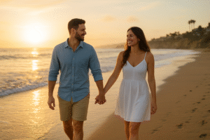 Happy couple holding hands at the beach in San Diego
