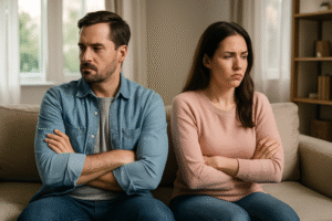 Communication during conflict: Couple back-to-back on the couch, looking frustrated.
Avoiding financial discussions: Piggy bank / bills on table with couple looking uneasy.
Different visions of marriage/family: One partner with family photo, the other with travel bag.
