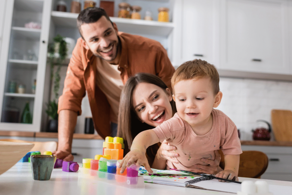 child playing with both parents