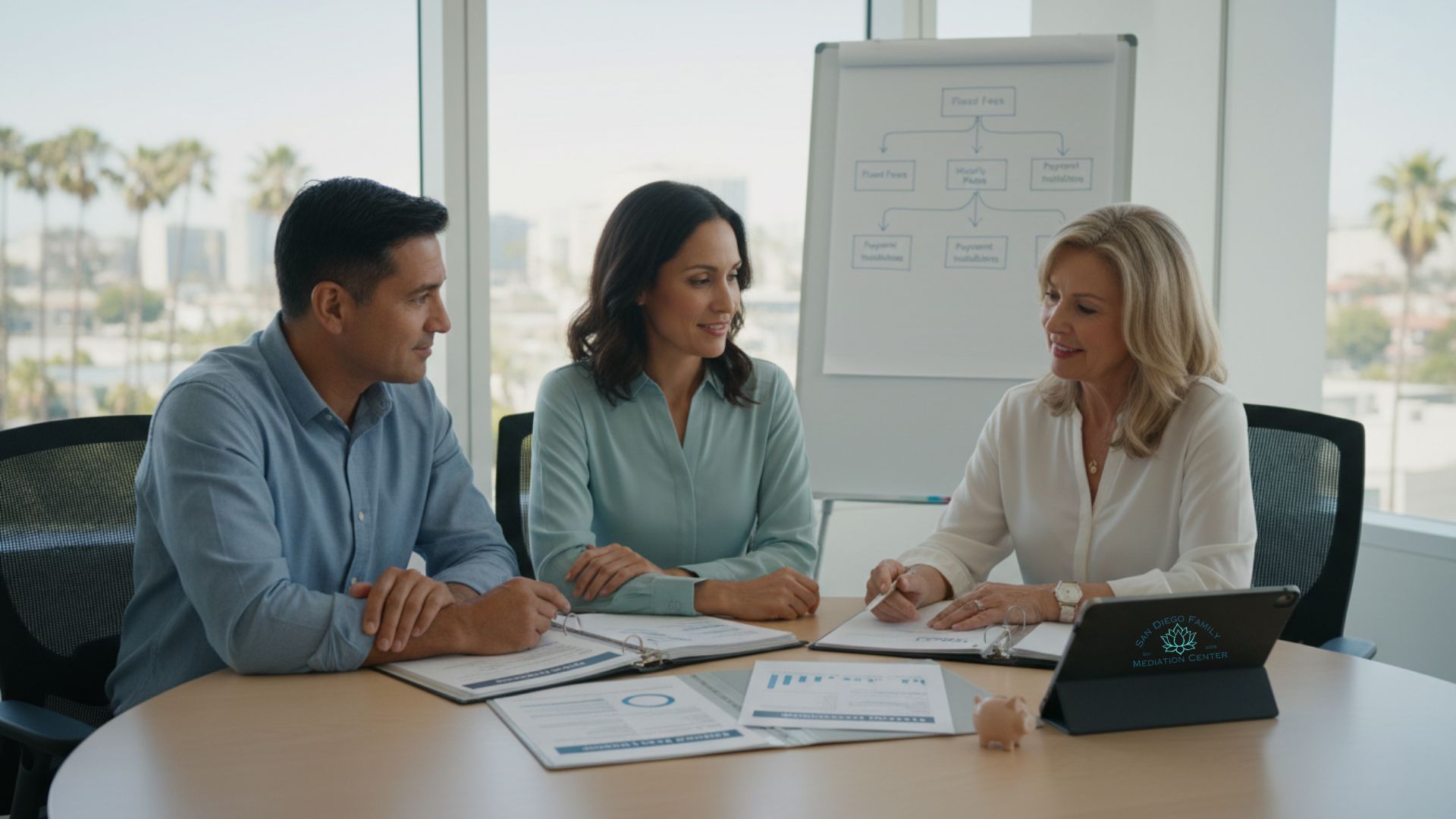 A couple reviewing financial planning documents with a neutral mediator, illustrating practical and affordable payment solutions for divorce mediation.