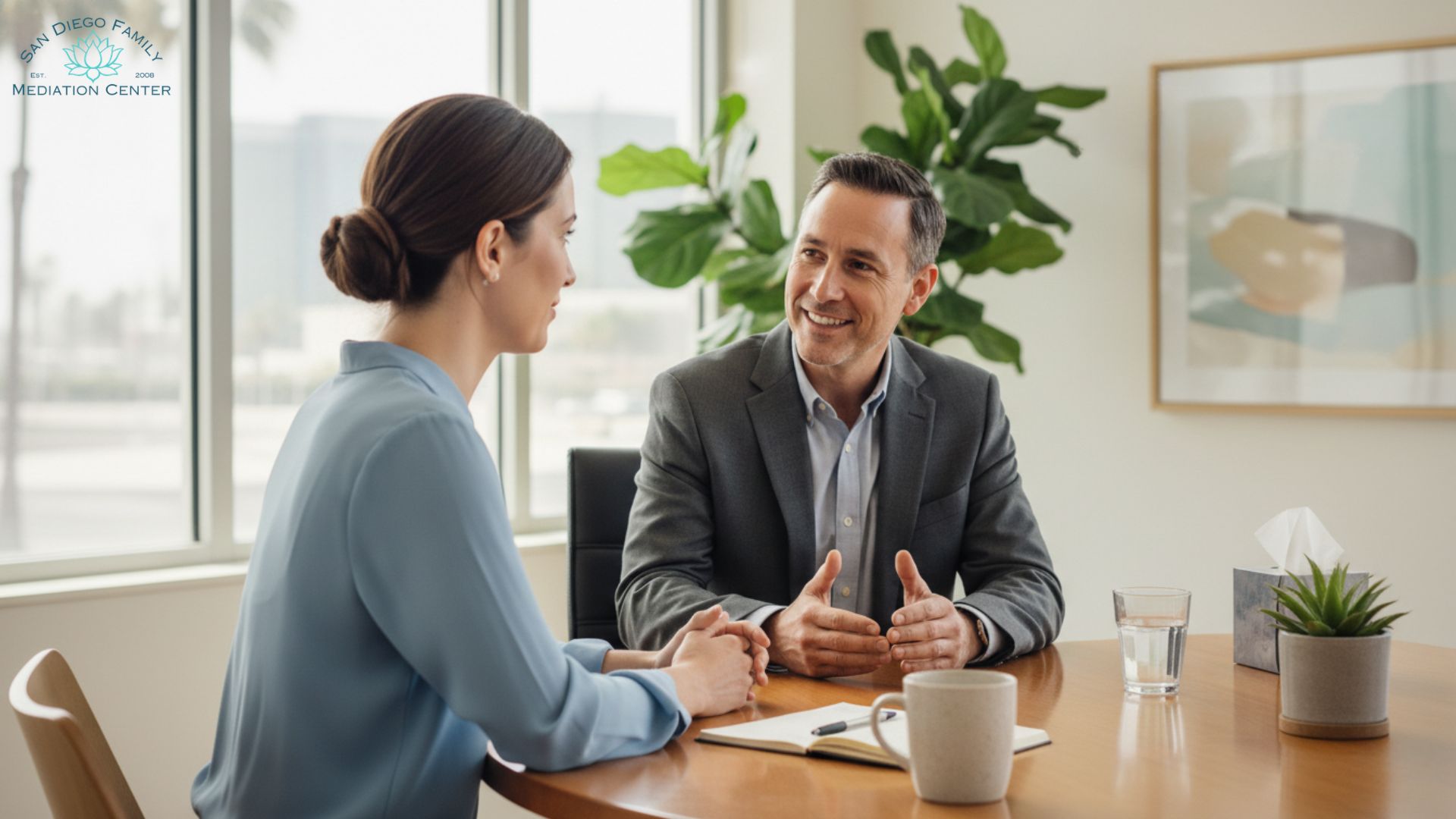 1. San Diego divorce mediator providing compassionate support during mediation session with female client